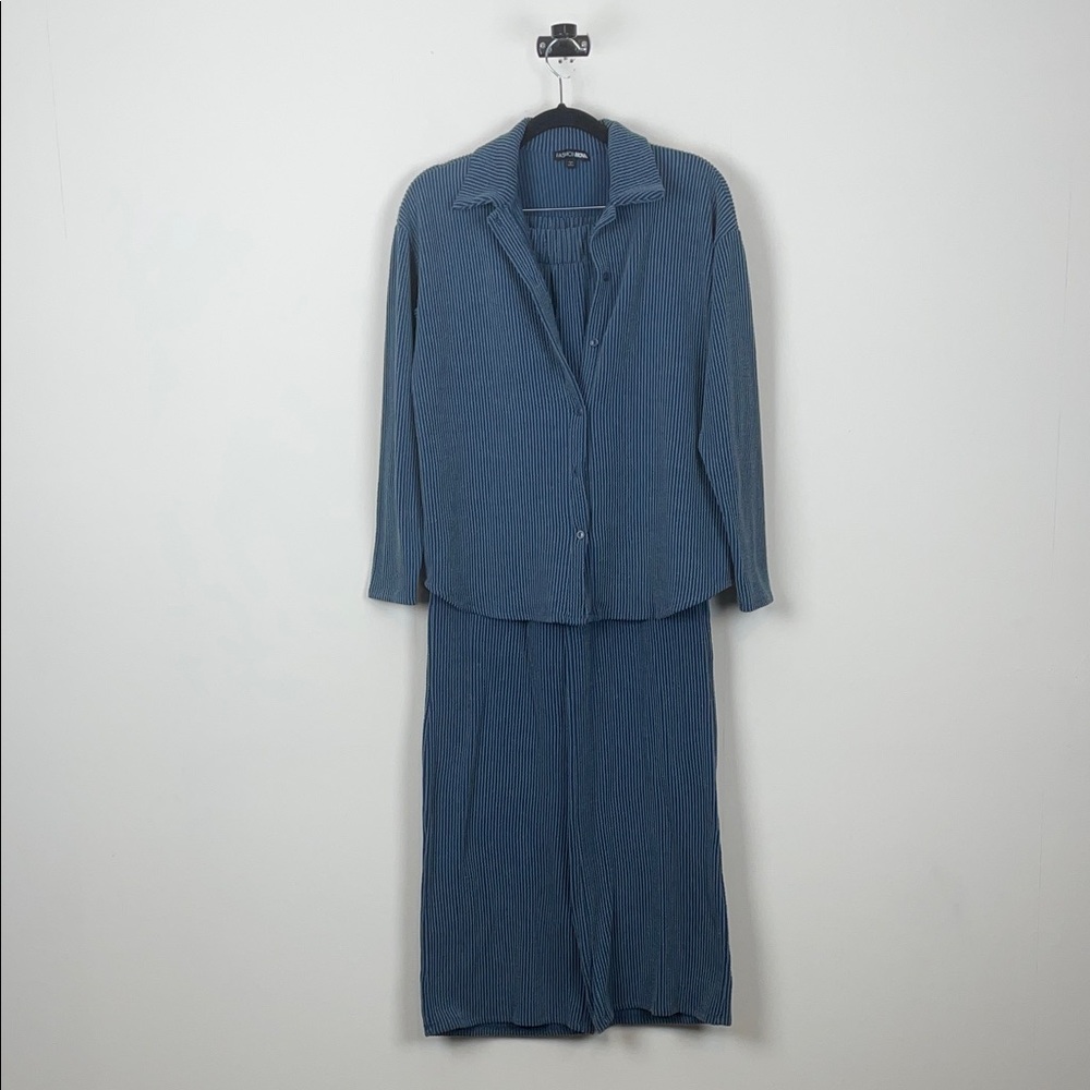Fashion Nova Ribbed Wide Leg Blue 2 PC Button Long Sleeve Women's XS Pant Set